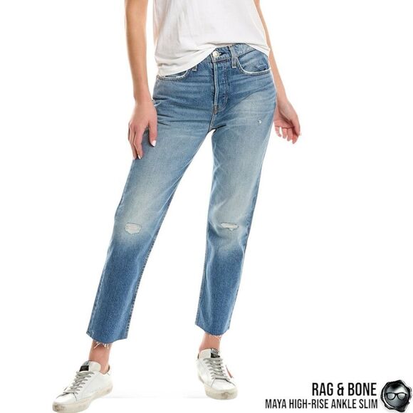 RAG & BONE MAYA HIGH-RISE ANKLE STRAIGHT JEANS IN AQUARIUS W/ HOLES SIZE 28 - Picture 16 of 16